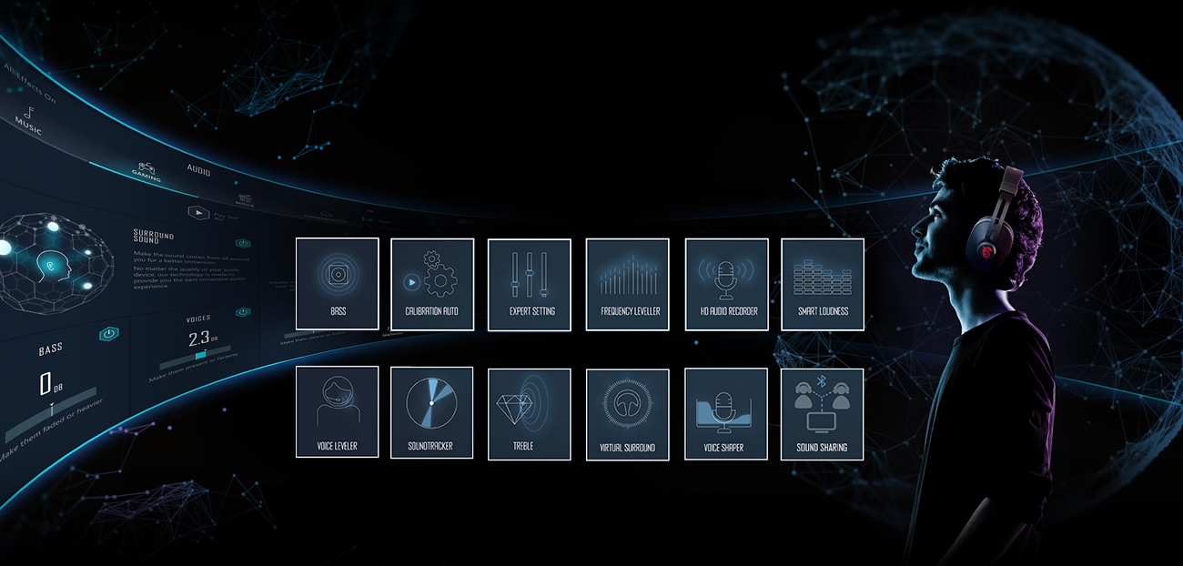 A A man has a headset on and beside it are all the settings that can be customized.